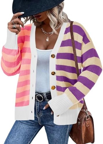 Saodimallsu Womens Striped Cardigans Color Block Button V Neck Open Front Ribbed Knit Loose Trendy Sweater Coats