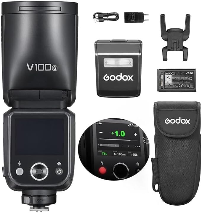 Godox V100 2.4G Wireless Camera Flash Round Head On-Camera Flash TTL Speedlite 100Ws Power Touch Control Screen Built-in LED Modeling Lamp with Detachable Sub Flash Lithium Battery for Sony
