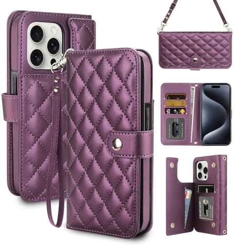 Vofolen for iPhone 15 Pro Case Wallet with Card Holder Crossbody Wrist Strap Leather Case with Magnetic Clasp Kickstand Heavy Duty Protective Wallet Phone Case for iPhone 15 Pro for Women, Purple