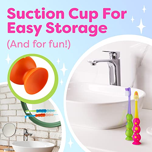 kids toothbrush 4 pack - soft bristles with suction cup - toothbrush kids child sized brush heads 3-10 year old kid toothbrush with easy storage - toddler girl and boy set 4-pack multi-color