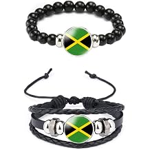 Ykonuyis National Flag Metal Black Beaded Elastic Rope Bracelet and Alloy Leather Braided Rope Bracelet Bangl for Men Women Support your country