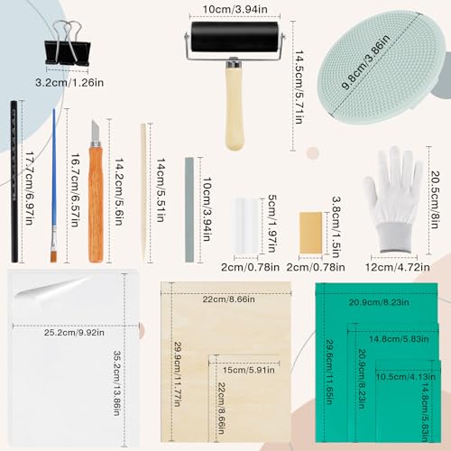 57 Stück Linolschnitt Set linolschnitt werkzeug mit Linoleum Platten, Bildhauerwerkzeugen, Pauspapieren und Mischblock für Stempelschnitzerei Druckgrafik