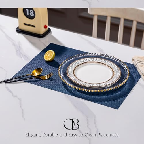 Image of Placemats Set of 4 - Easy Clean Woven Vinyl Placemats for Dining Table, Indoor /Outdoor Place Mats, Washable PVC Table Mats (Navy Blue)