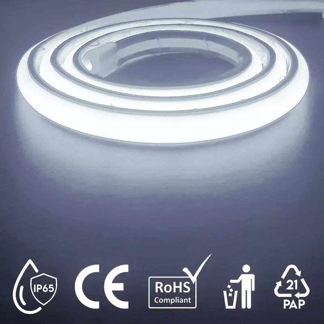 MAKA Striscia Led Cob Adesiva, Striscia LED 220V Alta Luminosità, 288 Luci al Metro - Ip65 Impermeabile - 12W/m, Luce Effetto Neon Diverse Misure e Colori Decorazione (Bianco freddo 6500K, 15 metri)