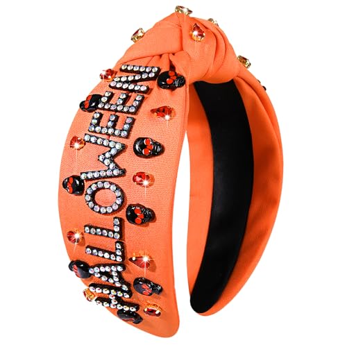 CEALXHENY Halloween Headbands for Women Halloween Accessories Beaded Boo Trick or Treat Knotted Headband Embellished Rhinestone Pearl Top Knot Headbands Costume Party Hair Accessory