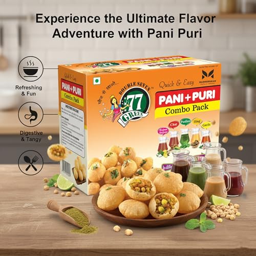 Image of 77 Green Pani Puri Combo Pack - Ready-to-Fry Crispy Golgappa Shells with Instant Spiced Pani Mix | Street-Style Indian Chaat Snack | Party Appitizer | No Added Colors or Preservatives
