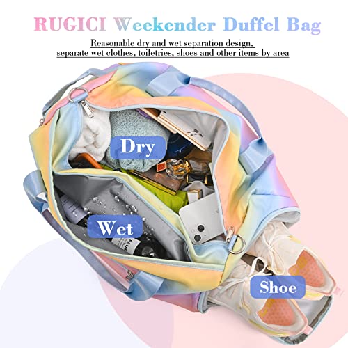 Rugici Travel Duffel Bags For Girls Kids Waterproof Sports Gym Bag For Women, Tie-Dye Dance Bag For Girls Teen Overnight Duffel Bag With Shoe Compartment Ballet Small Gym Bag（Striped Rainbow） #TOP2
