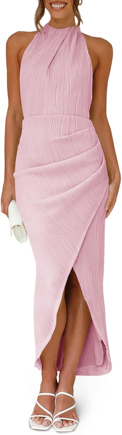 Fisoew Womens Halter Neck Party Dress Sleeveless Slit Textured Backless Sim Fit Ruched Sexy Midi Cocktail Dresses