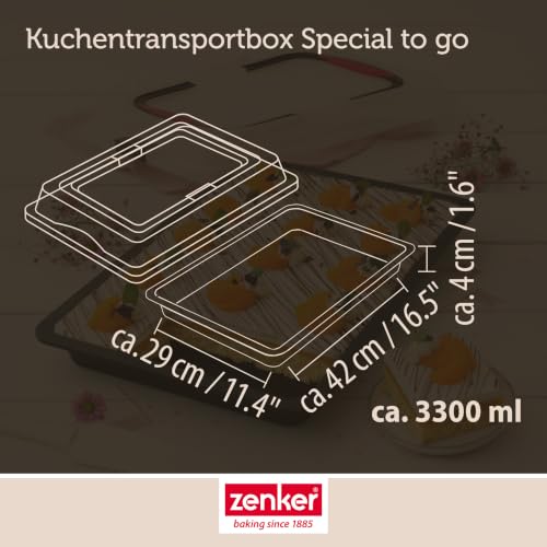 Zenker Blechkuchen-Container to go, Backblech mit Transport-Abdeckung für unterwegs, Backform antihaft mit Deckel und Softgriffen (Kuchenform: ca.425x295x75 mm), Menge: 1 Stück