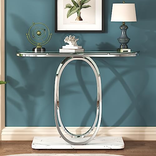 O&K Furniture Glass Console Tables For Entryway,Silver Entryway Table With Oval Frames And Marble Base,Chrome Entrance Table Glass Sofa Table For Living Room,Hallway,Silver Glass&White Faux Marble thumb #2