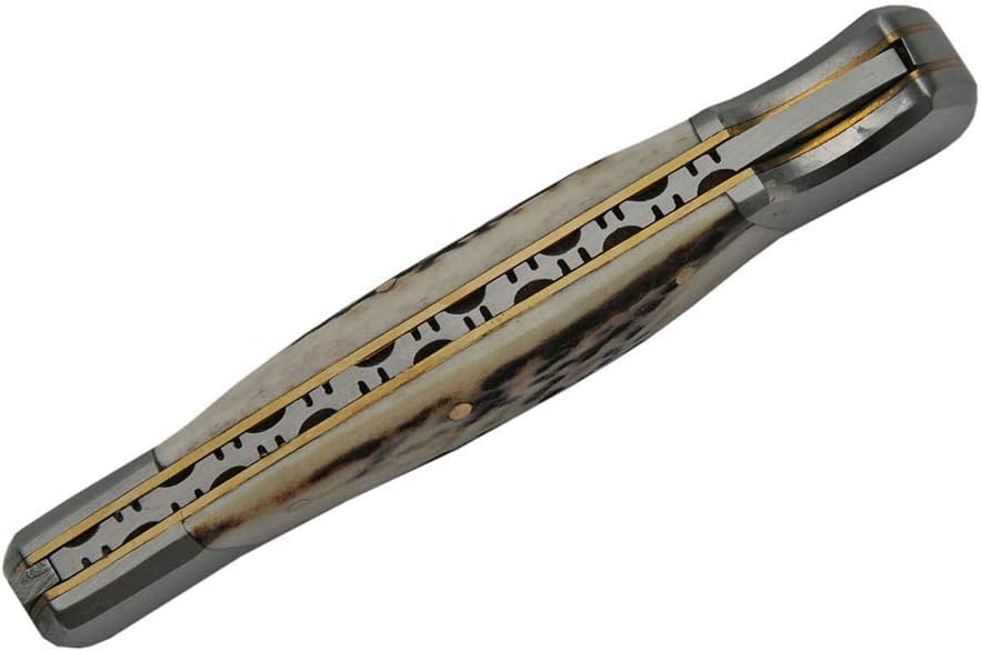 SANZ Damascus Folding Knife 5 Inch Lockback – Stag Handle Pocket Knife with Leather Sheath, Stainless Steel Bolsters, Razor Sharp Blade for Hunting, Camping, EDC, and Everyday Carry – Pocket Knife for Men & Women