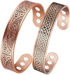 Vicmag 2PCS Copper Magnetic Bracelet for Men Ultra Strength Magnets 99.99% Solid Pure Copper Cuff Bangles (Adjustable Size with Gift Box) (Tree of Life & Ax Viking)