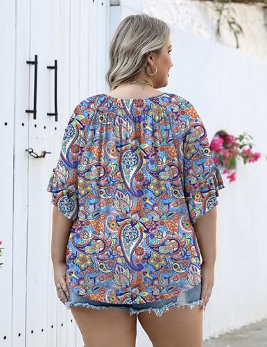Image of Micoson Womens Plus Size Tops 3 /4 Ruffle Sleeve Crewneck Pleated Shirts