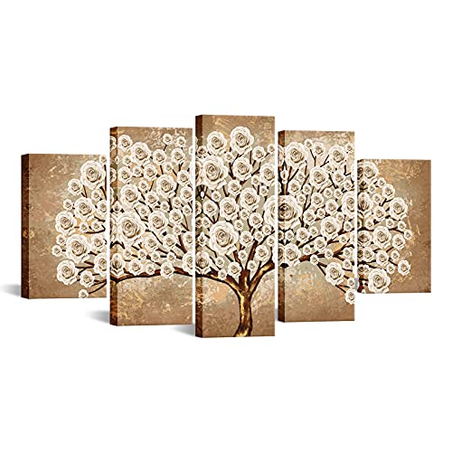 Ryounoart 5 Piece White Rose Painting Wall Art Vintage Gold Blooming Flower Tree Canvas Prints Large Framed Floral Pictures For Living Room Bedroom Wall Decor Ready To Hang #TOP23