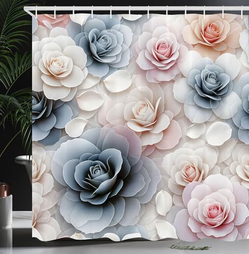 Ambesonne Pink Shower Curtain, Modern Minimal Nature Vibe Bloomed Rose Flowers in Cold Tones Paint Print, Cloth Fabric Bathroom Decor Set with Hooks, 69" W x 70" L, Eggshell Pale Blue Grey