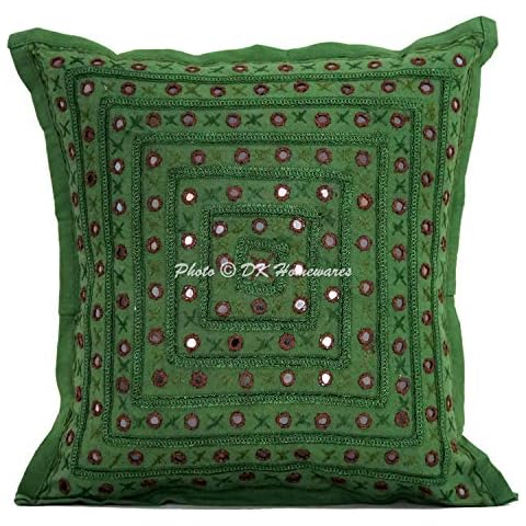 DK Homewares Indian Sofa Sofa Seat Pillow Cases Dark Green 16 x 16 Inch cm Lace Mirrored Embroidered Ethnic Living Room Square Cotton Decorative Cushion Covers 40 cm x 40 cm 1 Pc Cover