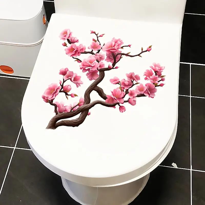Cherry Blossom Toilet Cover Sticker Decals,Fish Bird Flower Leaf Waterproof Toilet Lid Tank Seat Decals Cistern Self-Adhesive Bathroom Wall Sticker