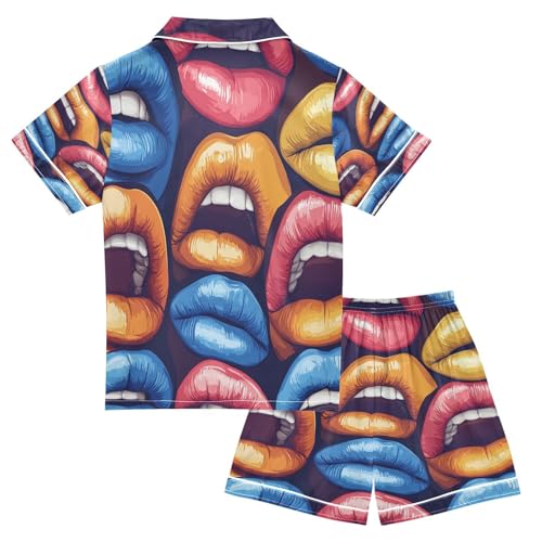 Satin Pajama Sets Short Sleeve Colorful Lips Art Pattern Button Down Silky Nightwear 2 Piece PJS 5-14Y2
