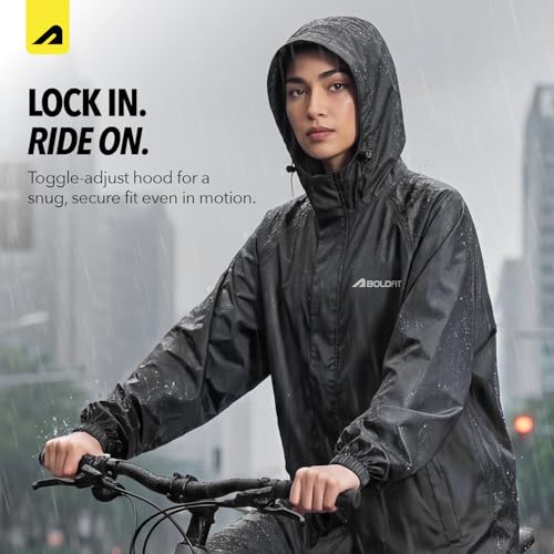Image of Boldfit Rain Coat Poncho for Men & Women Waterproof Unisex Full Length Poncho, Top Easy Adjustable, Waterproof Outdoor Rainwear- Black, OneSize