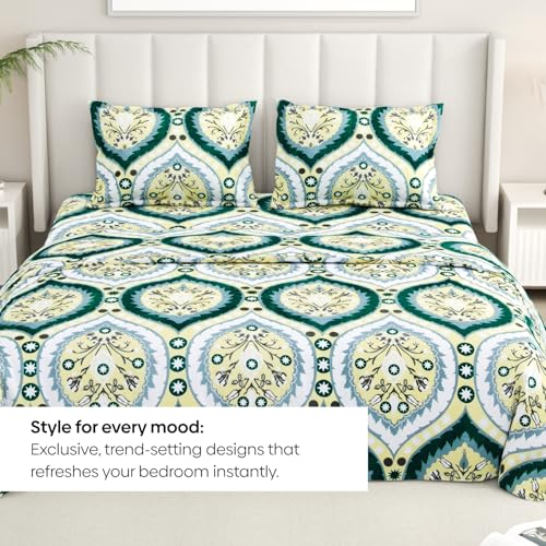 Image of Rivermoor 200 TC Ultrasoft Cotton Bedsheet for Double Bed | Queen Size Bed Sheet with 2 Pillow Covers | Green Floral Print | 88 x 96 Inches | Breathable & Hypoallergenic