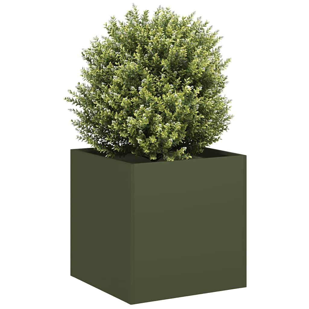 Donica na rośliny, oliwkowa zieleń, 40 x 40 x 40 cm, ze stali walcowanej na zimno – podwyższona grządka, skrzynka na kwiaty do ogrodu, na balkon i taras z otwartym dnem do odpływu wody i wsporników