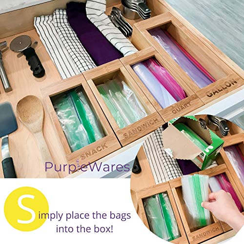 PurpleWares Food Storage Bag Holders Premium Moso Bamboo Kitchen Drawer Ziplock Bag Storage