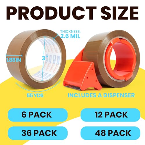 Image of ADHES Brown Packing Tape with Dispenser, 1.88 Inch x 55 Yards | 36 Rolls Heavy Duty Shipping Tape for Moving Boxes, Packaging and Storage, Strong Adhesive