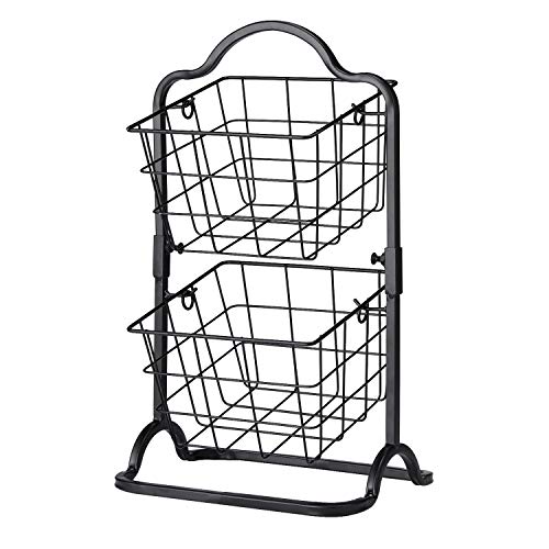 2-Tier Metal Basket Stand, Mini Kitchen Storage Basket Countertop Shelf Rack for Fruits, Vegetables, Household Items, Toiletriesï¼ˆBlackï¼‰.
