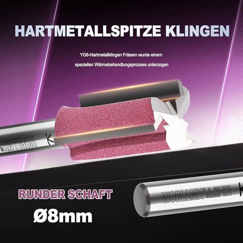 WOBLLMX 3 Klingen Nutfräser 8mm Schaft,Ø9mm Arbeitslänge 30mm Professional Hartmetall Bestückt Nutfräser Standard für Holz Dichteplatte Zubehör Handfräse