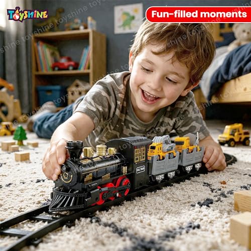Image of Toyshine Classic Electric Train with Spray Function | Steam Mist Train with Light & Music | Track Set with Cargo Wagons & Vehicles | Realistic Railway Toy Set for Kids 3+