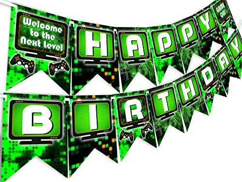 POP parties Gaming Party Happy Birthday Banner - Video Game Party Supplies - Game Truck Party Decorations - Gaming Green