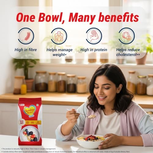 Image of Sundrop Heart Rolled Oats 1Kg | High Fiber & Protein Oats | Instant Breakfast Oats Ready in 3 Min | Overnight Oats, Healthy Cereal for Daily Nutrition