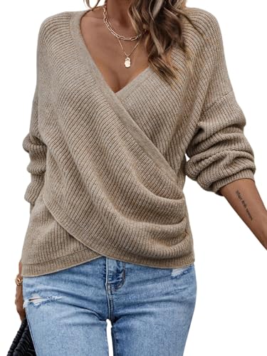 Verdusa Women's Fall Sweater Fashion Long Sleeve Wrap Knit Sweaters V Neck Pullover Tops Trendy