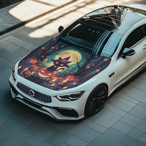 Image of Cute Halloween Cat Pumpkin Hood Cover for Compact Sedan SUV Truck, 59x39 Inch Auto Hood Flag, Waterproof Auto Banner, Automotive Exterior Accessories, Easy Installation