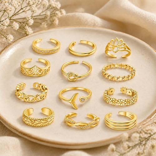 Image of 12PCS Toe Rings for Women 14K Gold /Silver Plated Adjustable Toe Ring Set Open Heart Arrow Infinity Rings Beach Foot Jewelry for Summer