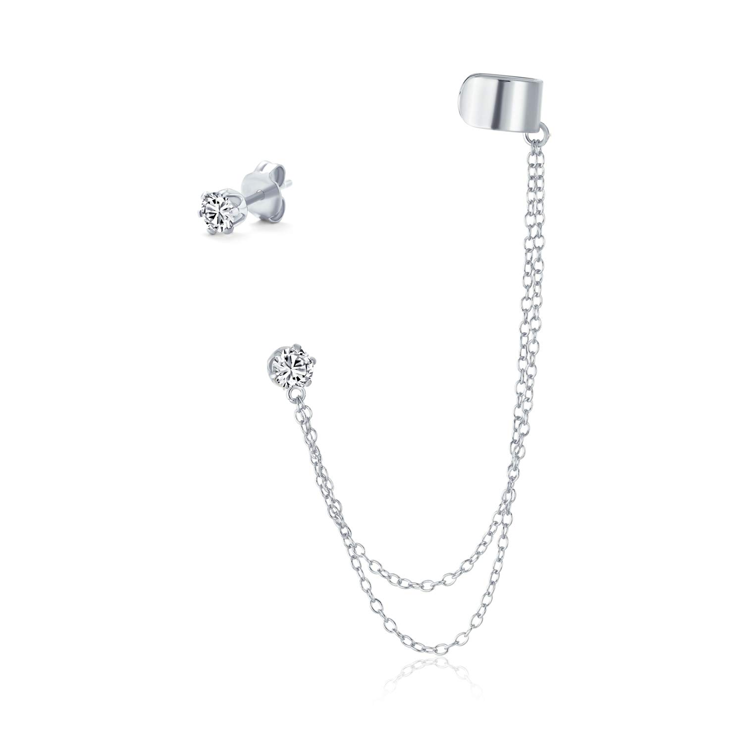 Geometrischer Knorpel-Schmuckband mit zwei Ketten Ohrmanschette CZ Stecker Ohrläppchen Ohrring für Frauen Teenager Männer Rosé 14K vergoldet .925 Sterlingsilber