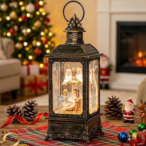 VISFLAIR Christmas Snow Globe Lighted Angel & Nativity Scene, Musical Water Lantern in Swirling Glitter, Battery Operated or USB Powered Holiday Decorations Gifts for Family, Children or Friends