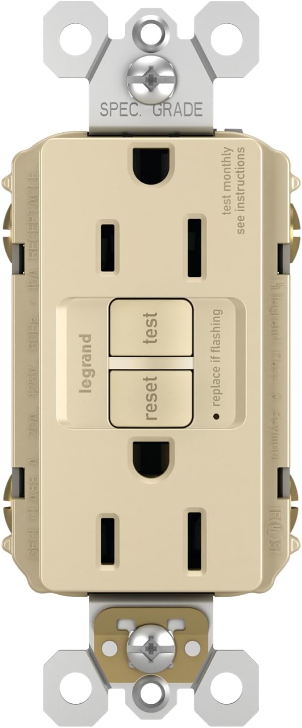 Legrand Radiant 15 Amp GFCI Self-Test Decorator Duplex Electrical Outlet, Tamper Resistant for Home Safety, 1597I, Ivory, 1 Count