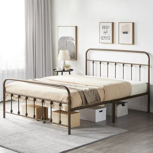 Yaheetech Classic Metal Platform Bed Frame Mattress Foundation With Victorian Style Iron-Art Headboard/Footboard/Under Bed Storage/No Box Spring Needed/Queen Size Bronze #TOP2