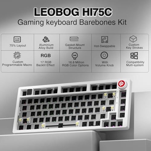 Image of CORBOBO LEOBOG Hi75C Upgraded Wired Mechanical Keyboard Kit - Aluminum Alloy Gasket Mount 75% Barebones DIY Base with Hot Swap, RGB Backlighting & Volume Knob - Enhanced Custom Gaming Keyboard Build