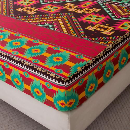 Image of Bohemian Style Bedding Fitted Sheet with Deep Pocket,Red Colorful Boho Pattern Printed Fabric Bed Sheets (Multicolor, Queen)