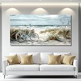 FUHAIHUA Wall Art For Living Room Canvas Decor For Bedroom Modern Office Decorations Blue Beach Bicycle Seascape Paintings Ocean Landscape Pictures Artwork Ready To Hang Home Decor