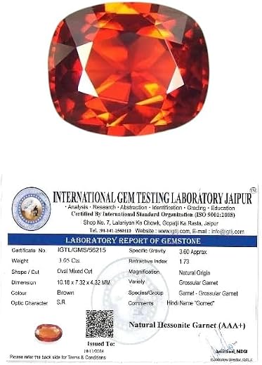 IGL Natural Ceylon Srilankan Hessonite Gemstone Premium Original Certified Gomed/Gomedhak Gem For Rahu, Protection, Peace,...