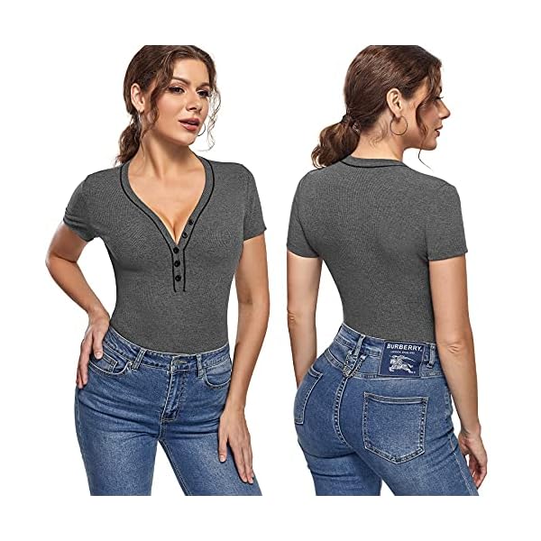 HAENPISY-Short-Sleeve-Bodysuit-for-Women-Basic-Slim-Fit-V-Neck-Button-Up-Ribbed-Knit-Thong-Leotards-Top HAENPISY Short Sleeve Bodysuit for Women Basic Slim Fit V Neck Button Up Ribbed Knit Thong Leotards Top(X-Large, Grey)
