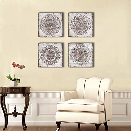 Yearainn Vintage Flower Pattern Canvas Wall Art For Bedroom Wall Decor Rustic Bohe Floral Pictures Brown Geometric Wood Planks Canvas Prints Artwork For Bathroom Office Home Decoration 12 Inch X 12 Inch X 4 Pieces thumb #1