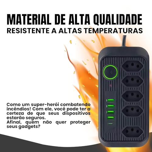 Filtro de Linha Preto Extensão Tomada Régua de Energia 5 Tomadas 4 Interfaces USB 1 Porta USB Tipo C