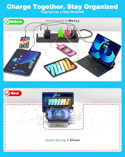 Image of MSTJRY Charging Station for Multiple Devices : 5 Port Multi USB-A Charger Stations Multi-Device Organizer Charging Dock Designed for iPhone iPad Cell Phone Tablets (7 Short Cables Included), Silver
