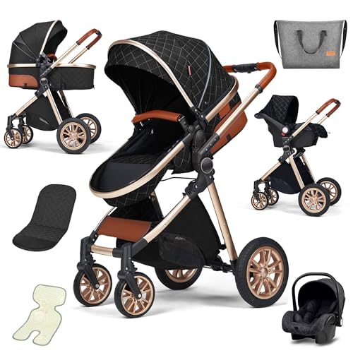 Image of 3 in 1 Baby Travel System Infant Baby Stroller Pushchair High Landscape Reversible Foldable Portable Stroller Newborn Pram Reclining Baby Carriage (Black)