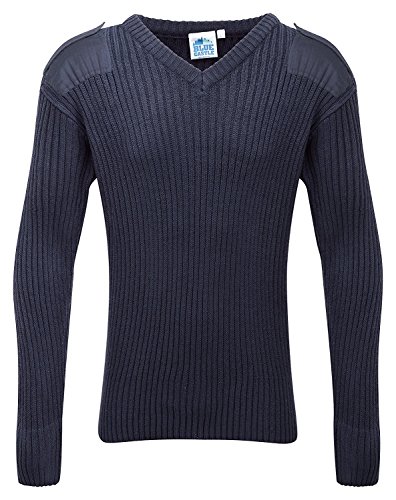 Image of Mens Army Pullover Security Military Jumper Knitted Sweater V Neck With Shoulder Epaulettes And Elbow Patches (Medium, Navy)