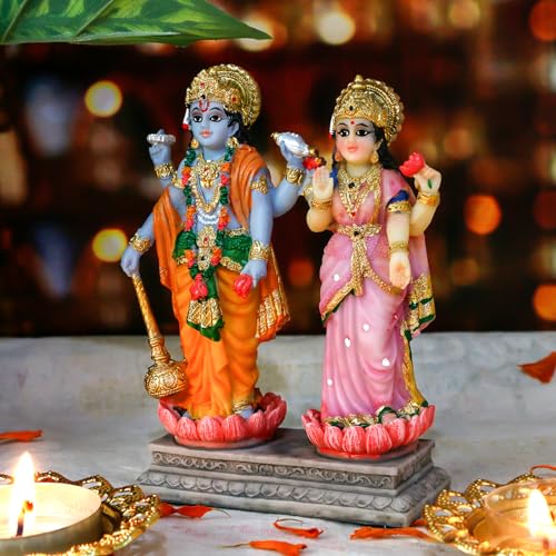 alikiki Vishnu Lakshmi Narayana Statue – 4.7 Inch Lord Vishnu W/Laxmi MATA Indian Diwali Pooja Item Murti Gifts for Indian Couple Friend Family Home Office Mandir Temple Puja Decor